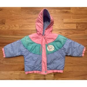 OshKosh BGosh Vintage Winter Coat Pastel Colorblock Zip Front Hooded 24 Month